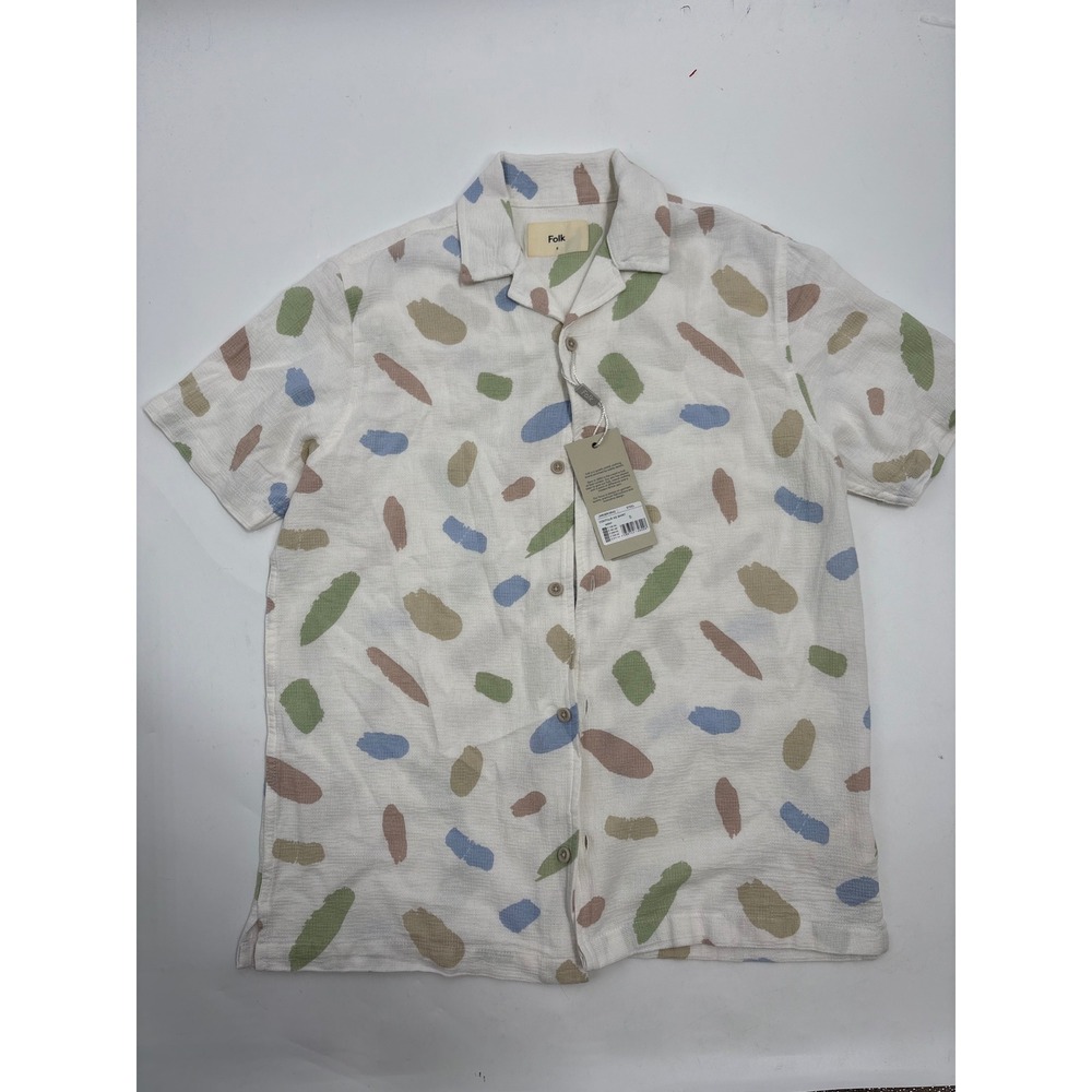 Folk Contour SS Shirt Mens Small White Abstract Brushstroke Cotton Button Down